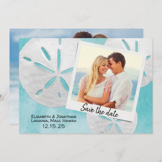 Beach Photo Sand Dollars Zee Blue Destination Save The Date (Voorkant / Achterkant)