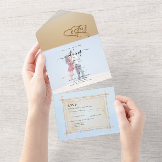 Beach Photo Weddenschap nodigt RSVP Menu Hearts Za All In One Uitnodiging (Afscheurbaar)