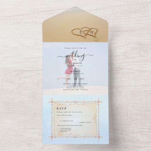 Beach Photo Weddenschap nodigt RSVP Menu Hearts Za All In One Uitnodiging (Binnen)