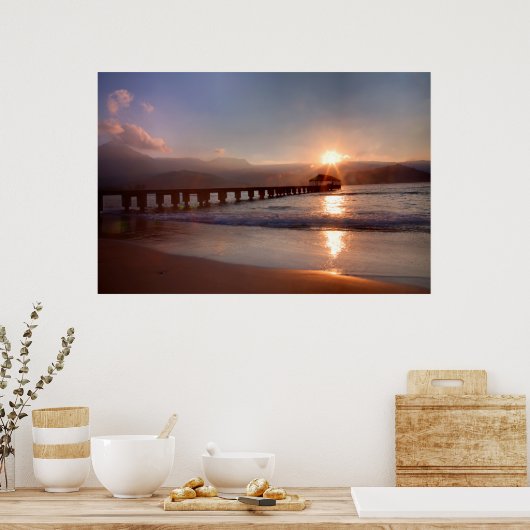 Beach pier bij zonsondergang, Hawaii Poster (Keuken)