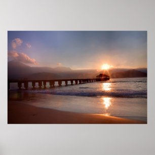 Beach pier bij zonsondergang, Hawaii Poster