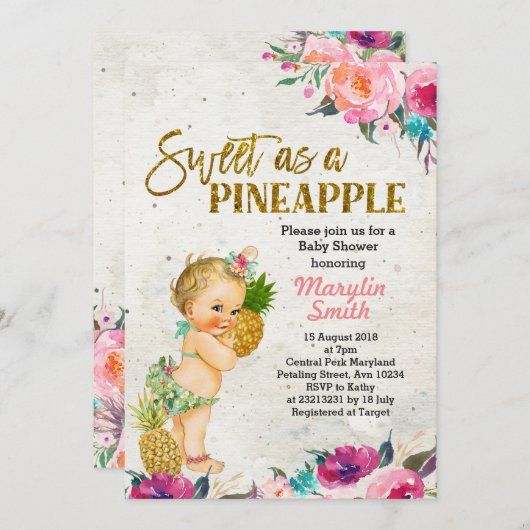 Beach Pineapple Baby shower Invitation Kaart (Voorkant / Achterkant)