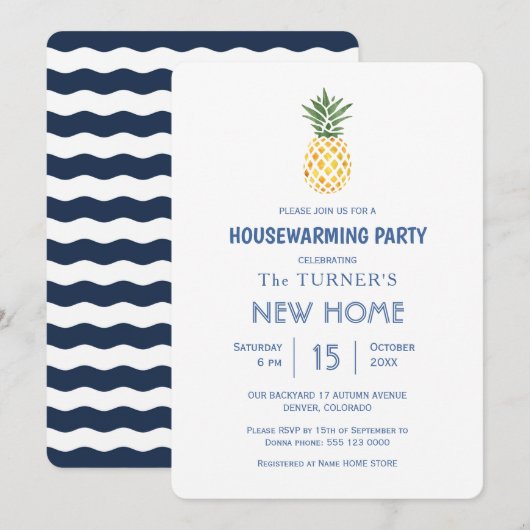 Beach Pineapple Blue Stripes Housewarming Party Kaart (Voorkant / Achterkant)