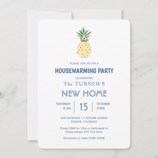 Beach Pineapple Blue Stripes Housewarming Party Kaart (Voorkant)