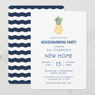 Beach Pineapple Blue Stripes Housewarming Party Kaart