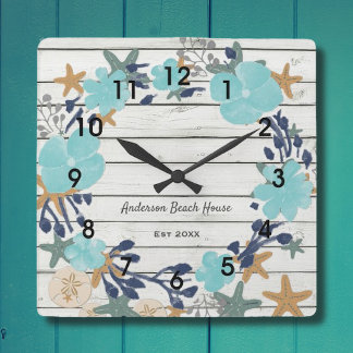 Beach Planks and Starfish Vierkante Klok