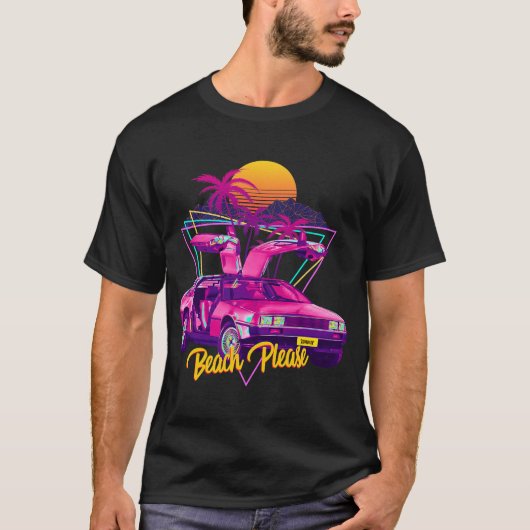 Beach Please Futuristic Car Retro Sunset Synthwave T-shirt (Voorkant)