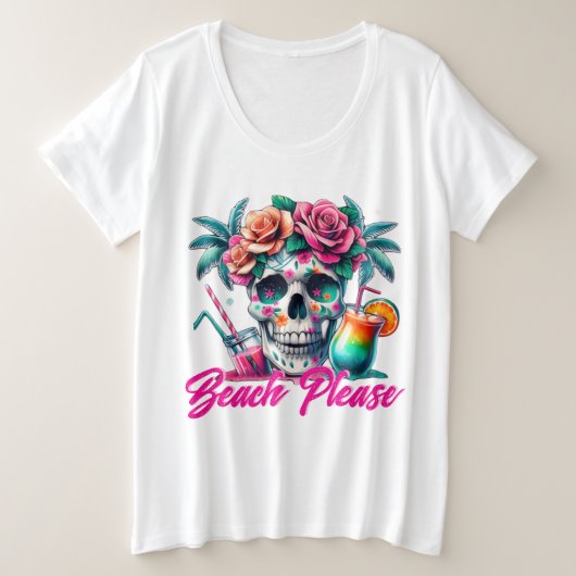 Beach Please Tropical Skull Plus Size T-Shirt (Design voorkant)