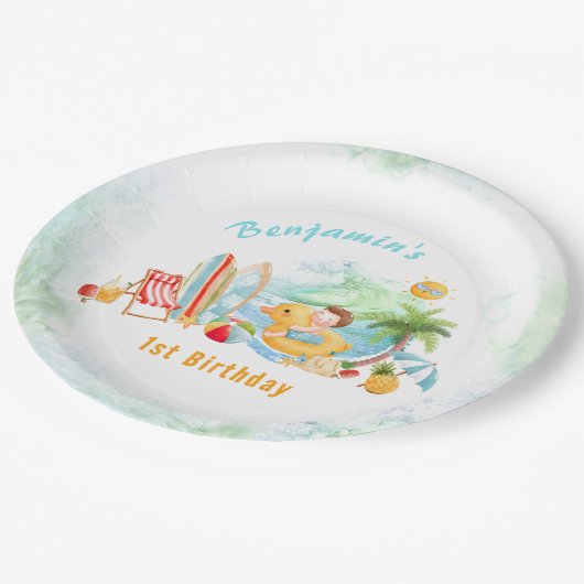 Beach Pool Party Zomer 1e Verjaardag Jongen Papieren Bordje (Gekanteld)