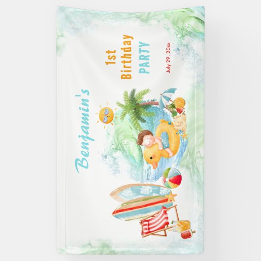 Beach Pool Party Zomer 1e Verjaardag Jongen Spandoek (Verticaal)