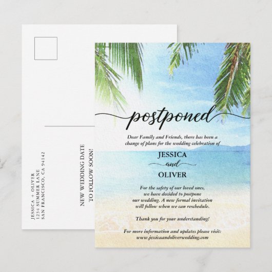 Beach Postponed Wedding Announding Briefkaarten (Voorkant / Achterkant)