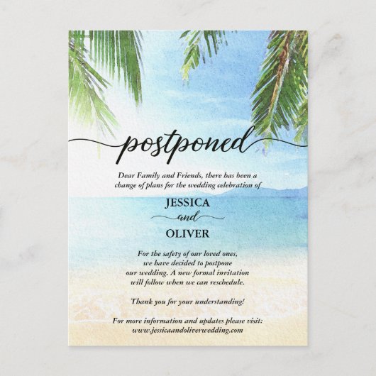 Beach Postponed Wedding Announding Briefkaarten (Voorkant)