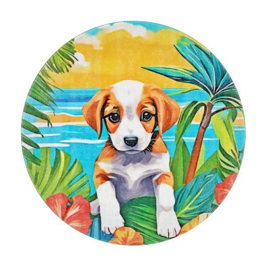 Beach Pup Paradise Uitzicht Snijplank (Voorkant)