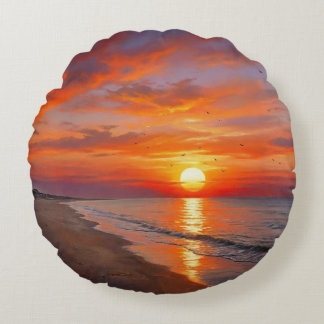 Beach Purple Orange Sunset Round Throw Pillow Rond Kussen