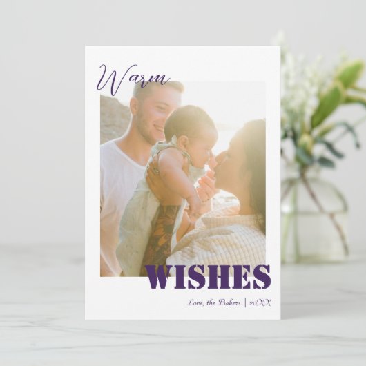 Beach Purple Warm Wishes Two Beach Family Photo Feestdagenkaart (Staand voorkant)