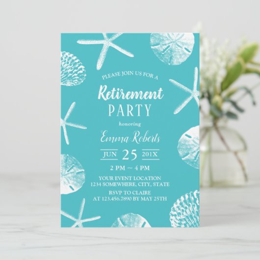 Beach Retirement Party Elegant Turquoise Seashells Kaart (Staand voorkant)