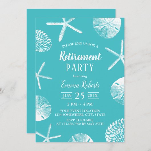 Beach Retirement Party Elegant Turquoise Seashells Kaart (Voorkant / Achterkant)