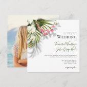 Beach roze Floral tropische palmen foto bruiloft Kaart (Voorkant / Achterkant)