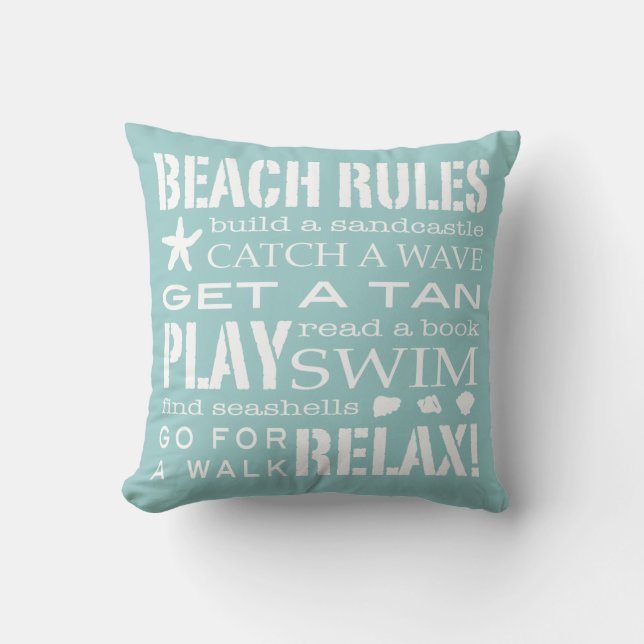 Beach Rules by the Seashore Aqua Blauwgroen & Whit Kussen (Voorkant)