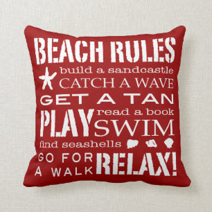 Beach Rules by the Seashore Bold Red & White Kussen