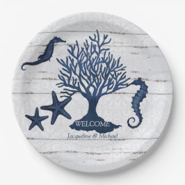 Beach Rustic Wedding Navy Blue Waterverf Seahorse Papieren Bordje