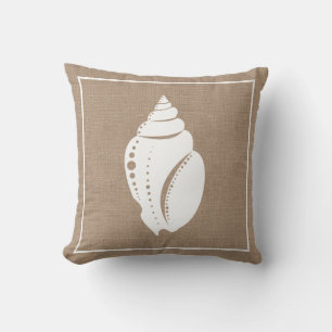 Beach Rustic White Seashell & Faux Burlap Kussen