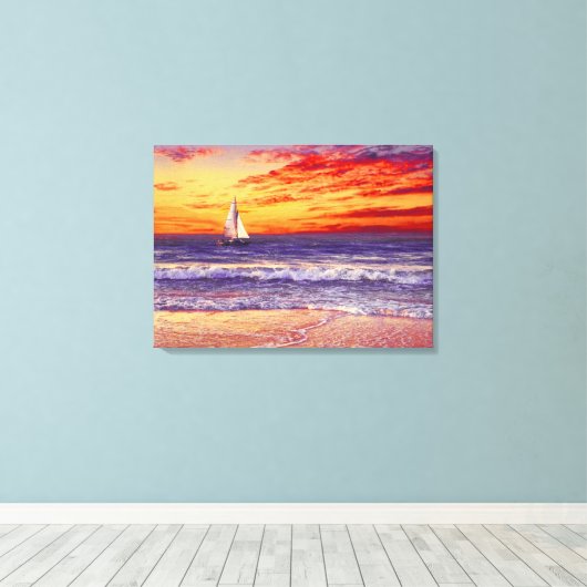 BEACH SAILBOAT SUNSET STRETCHED CANVAS ART PRINT (Insitu (Houten vloer))