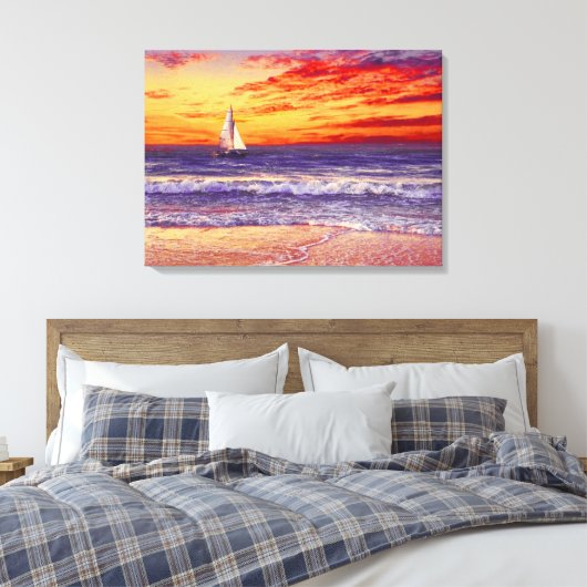 BEACH SAILBOAT SUNSET STRETCHED CANVAS ART PRINT (Insitu (Slaapkamer))