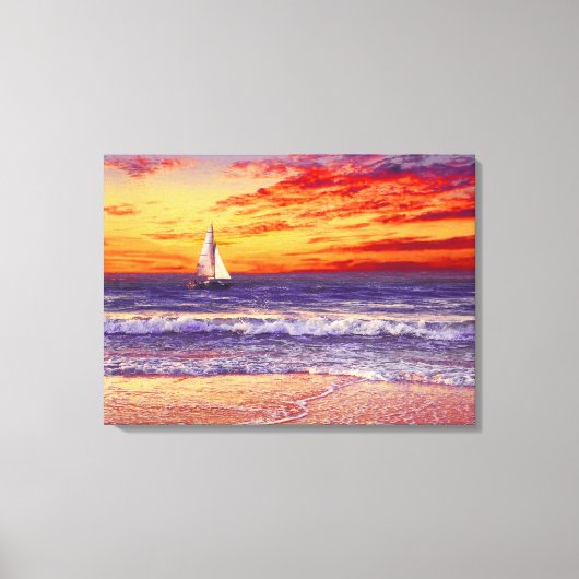 BEACH SAILBOAT SUNSET STRETCHED CANVAS ART PRINT (Voorkant)