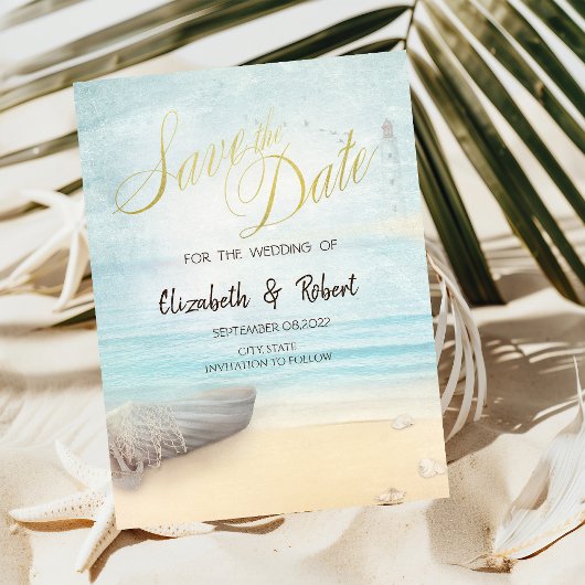 Beach Sand Boat Lighthouse Save the Date