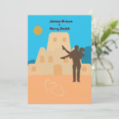 Beach Sand Castel Sun Hearts Romantic Wedding Kaart (Staand voorkant)