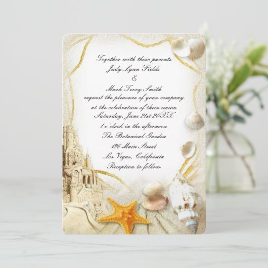 Beach Sand Castle Uitnodiging voor bruiloft (Staand voorkant)