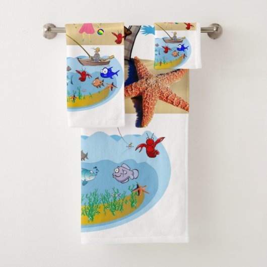 Beach Sand Dog Trees Fish Bathroom Towel Set Bad Handdoek (Insitu)