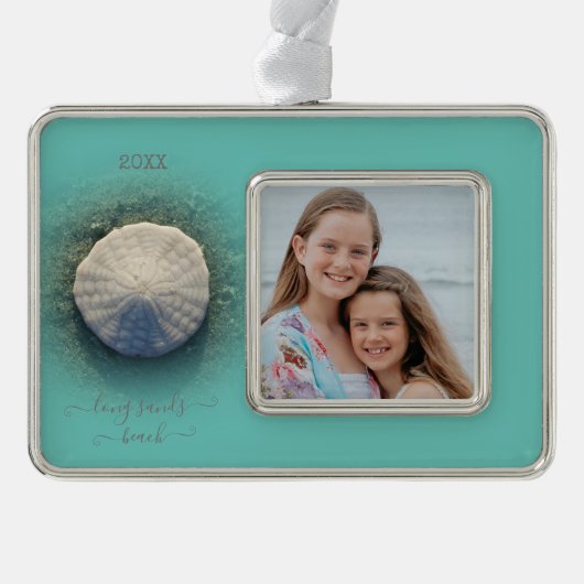 Beach Sand Dollar Aqua Foto Verzilverd Omlijst Ornament (Voorkant)