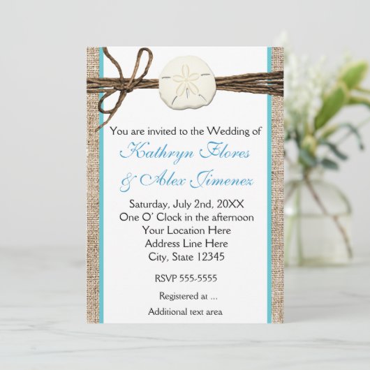 Beach Sand Dollar Burlap Turquoise Uitnodiging (Staand voorkant)