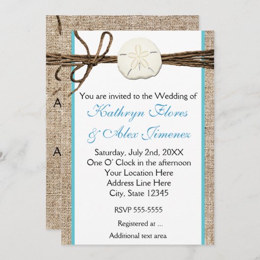 Beach Sand Dollar Burlap Turquoise Uitnodiging (Voorkant / Achterkant)