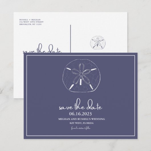 Beach Sand Dollar Navy Blue Save the Date Briefkaa Aankondigingskaart (Voorkant / Achterkant)