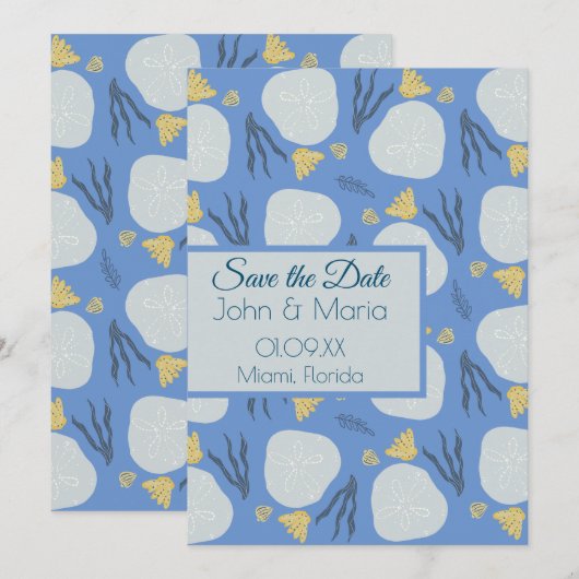 Beach Sand Dollars Botanical Blue Save the Date Kaart (Voorkant / Achterkant)