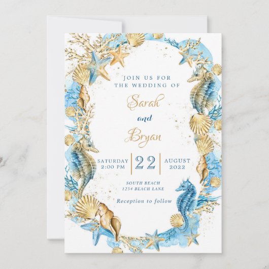 Beach Sand Elegant Blauwgroen Gold Wedding Invitat Kaart (Voorkant)
