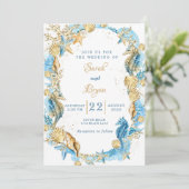 Beach Sand Elegant Blauwgroen Gold Wedding Invitat Kaart (Staand voorkant)