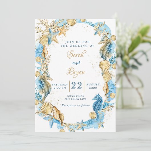 Beach Sand Elegant Blauwgroen Gold Wedding Invitat Kaart (Staand voorkant)