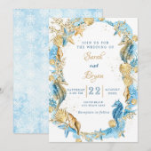 Beach Sand Elegant Blauwgroen Gold Wedding Invitat Kaart (Voorkant / Achterkant)