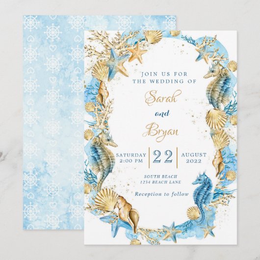 Beach Sand Elegant Blauwgroen Gold Wedding Invitat Kaart (Voorkant / Achterkant)
