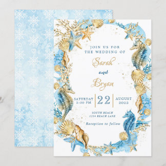 Beach Sand Elegant Blauwgroen Gold Wedding Invitat Kaart