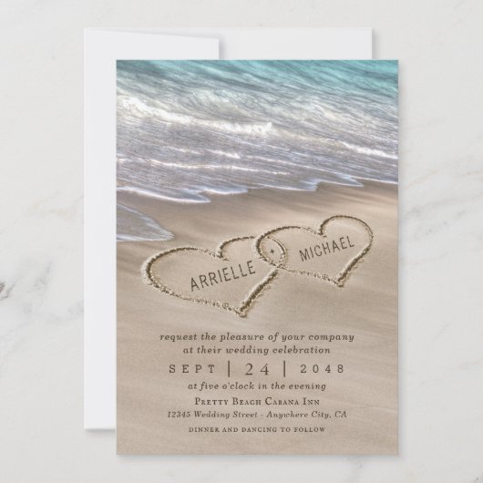 Beach Sand Hearts Elegant Tropical Modern Wedding Kaart (Voorkant)
