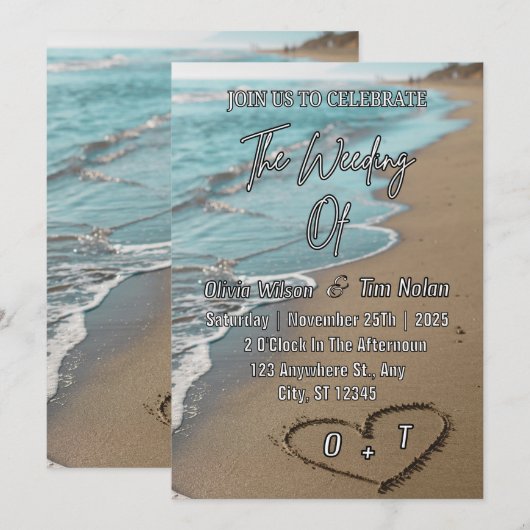 Beach Sand Hearts Elegant Tropical Modern Wedding Kaart (Voorkant / Achterkant)