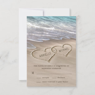 Beach Sand Hearts Elegant Tropical Modern Wedding RSVP Kaartje