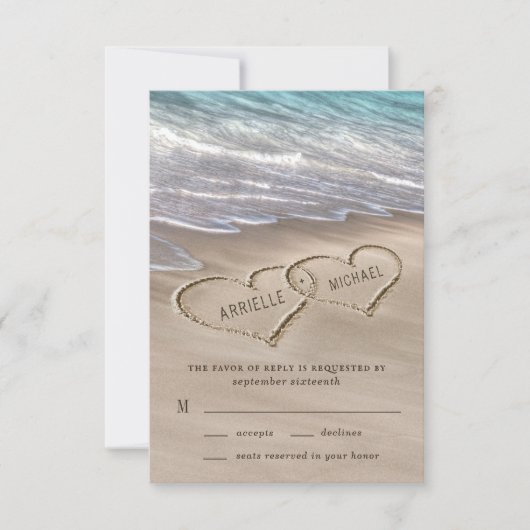 Beach Sand Hearts Elegant Tropical Modern Wedding RSVP Kaartje (Voorkant)