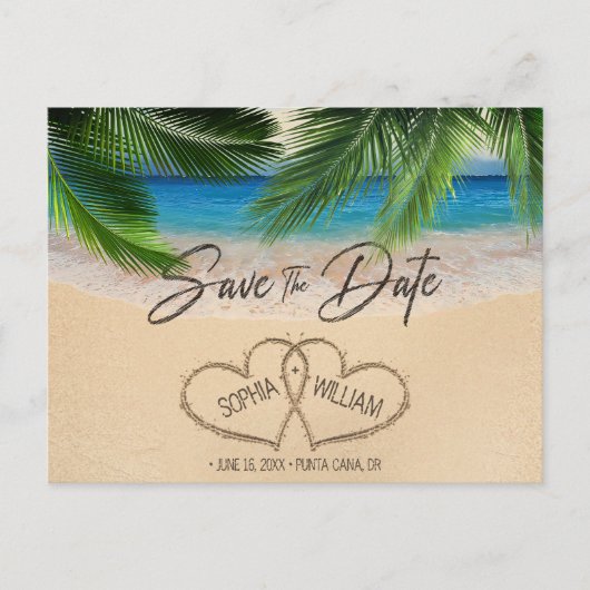 Beach Sand Hearts Palm Save the Date Aankondiging Briefkaart (Voorkant)