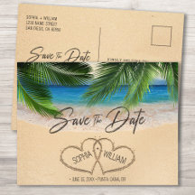 Beach Sand Hearts Palm Save the Date Aankondiging